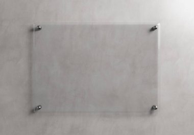 Empty transparent glass sign plate on wall mockup. Template of a blank plastic business signboard on concrete texture. 3D rendering