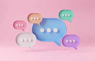 Minimalist mavi turuncu yeşil konuşma baloncukları pembe arkaplanda yüzen ikonlar hakkında konuşuyorlar. Modern sohbet ya da gölgeli sosyal medya mesajları. 3B görüntüleme