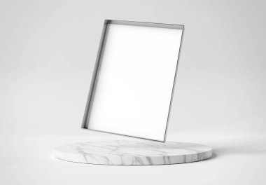 Mermer podyumun üzerinde yüzen boş metal fotoğraf çerçevesi modeli. Kaya platformunda boş resim çerçevesi 3d oluşturma