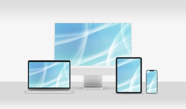 PARIS - France - April 28, 2022: Newly released Apple devices, Imac 24 desktop computer, Iphone 13 pro max mobile, Macbook laptop, Ipad tablet- 3d realistic rendering screen mockup on white background