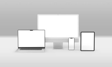 PARIS - France - April 28, 2022: Newly released Apple devices, Imac 24 desktop computer, Iphone 13 pro max mobile, Macbook laptop, Ipad tablet- 3d realistic rendering screen mockup on grey background