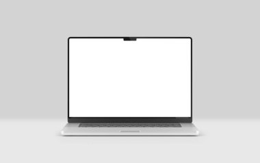 PARIS - Fransa - 28 Nisan 2022: Apple Macbook Pro, Silver color - Front view - Realistik 3d dizüstü bilgisayar görüntüleme