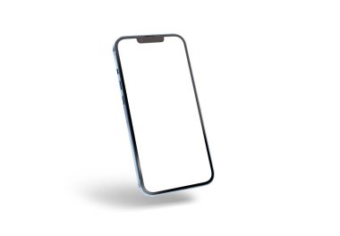 PARIS - Fransa - 28 Nisan 2022: Yeni çıkan Apple Smartphone Iphone 13 profesyonel maksimum gerçekçi 3D görüntüleme - Sierra Blue renk ekran modeli - Beyaz arka planda modern akıllı telefonu tutan kadın