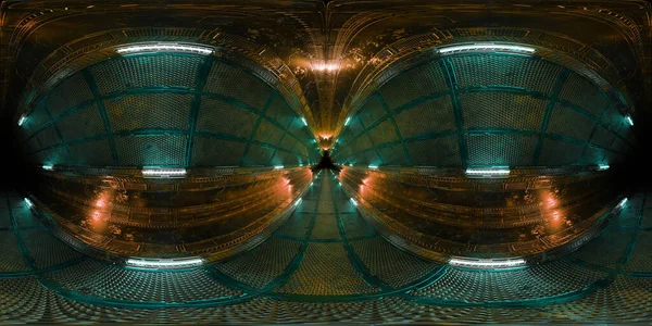 緑のオレンジ色のネオンと未来的なHdriインテリア廊下 360度の三角形の宇宙船の背景のパノラマビュー トンネルと照明パスウェイとサイバールーム環境 3Dレンダリング — ストック写真