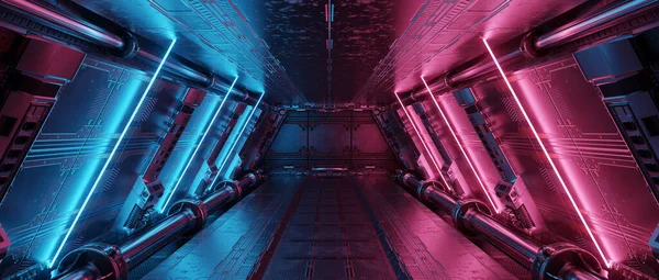파란색 분홍색 우주선 내부에 정거장의 배경에는 지향적 현대식 렌더링 — 스톡 사진