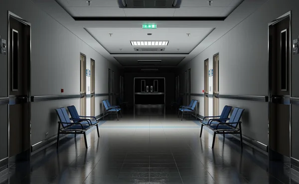 Long Dark Hospital Corridor Rooms Blue Seats Rendering Empty Accident — Stock Photo, Image