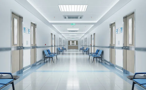 Long white hospital corridor with rooms and blue seats 3D rendering. Empty accident and emergency interior with bright lights lighting the hall from the ceiling