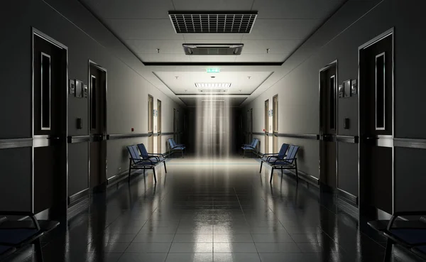 部屋と青の座席の3Dレンダリングと長い暗い病院の廊下 天井から明るい光でホールを照らす空の事故や緊急インテリア — ストック写真