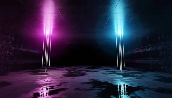 Construction Showroom Corridor Rendering Futuristic Blue Pink Neon Lights Interior — ストック写真