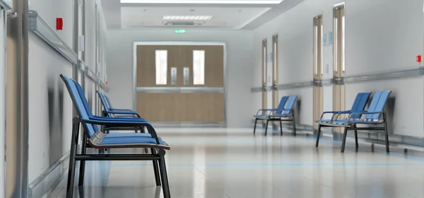 Odaları Mavi Koltukları Olan Uzun Beyaz Hastane Koridoru Boş Bir — Stok fotoğraf
