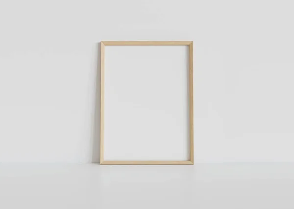 Wooden Rectangular Frame Leaning White Floor Interior Mockup Template Picture — Stock Photo, Image