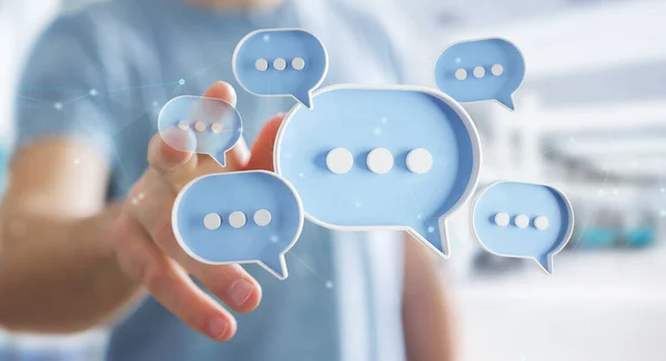 Man Touching His Fingers Digital Blue Speech Bubbles Talk Icons — Stock Photo, Image