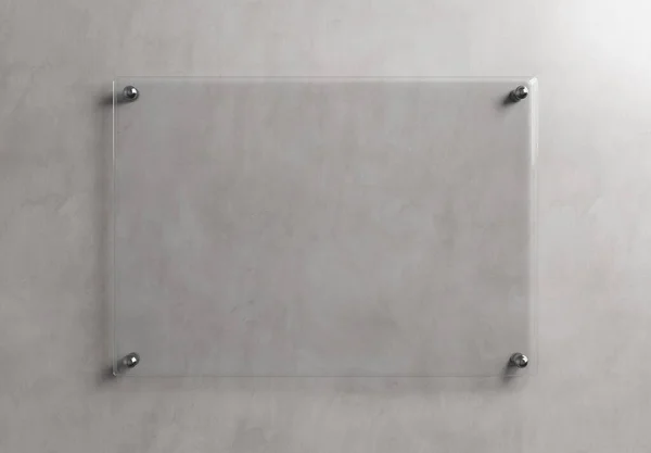 Empty Transparent Glass Sign Plate Wall Mockup Template Blank Plastic — Foto Stock