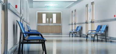 Odaları ve mavi koltukları olan uzun beyaz hastane koridoru. Boş bir kaza ve içinde parlak ışıklar olan acil bir iç mekan.