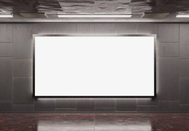 Metro Mockup 'ta büyük panoramik reklam panosu. Tren istasyonunun duvarında asılı reklamlar 3D görüntüleme