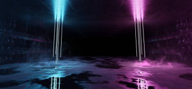 Futuristic blue and pink neon lights interior. Cyber neon laser tubes in garage room hangar. Sci fi dark tunnel warehouse with metal panels wall lighted. Construction showroom corridor 3d Rendering