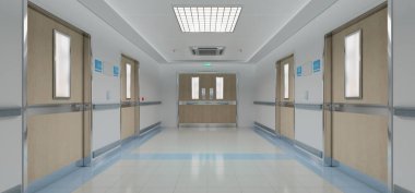 Odaları ve mavi koltukları olan uzun beyaz hastane koridoru. Boş bir kaza ve içinde parlak ışıklar olan acil bir iç mekan.