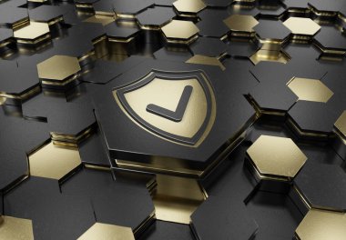 Siyah ve altın renkli altıgen kaidesel arkaplana kazınmış kalkan simgesi konsepti. Güvenlik logosu soyut dijital yüzeyde parlıyor. 3d oluşturma