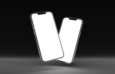 PARIS - Fransa - 28 Nisan 2022: Yeni çıkan Apple Smartphone Iphone 13 profesyonel maksimum gerçekçi 3D görüntüleme - gümüş renkli ön ekran modeli - koyu arkaplanda yüzen iki modern akıllı telefon