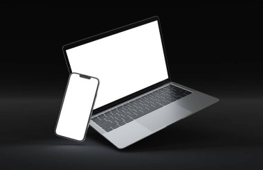PARIS - France - April 28, 2022: Newly released Apple devices, Imac 24 desktop computer, Iphone 13 pro max mobile, Macbook laptop, Ipad tablet- 3d realistic rendering screen mockup on white background