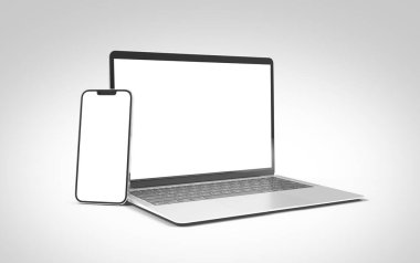 PARIS - Fransa - 28 Nisan 2022: Yeni çıkan Apple cihazları, Imac 24 masaüstü bilgisayarı, Iphone 13 profesyonel maksimum mobil, Macbook bilgisayarı, Ipad tableti - beyaz arkaplanda 3d gerçekçi ekran modelleme