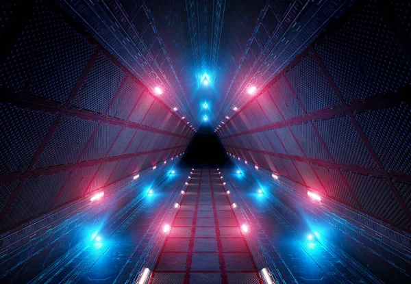 Futuristic interior corridor with blue pink neon lights walls. Triangle shaped spaceship background in space station. Pyramid style tunnel with lit path way. Cyber room with sci fi laser. 3d rendering