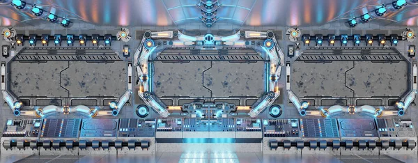 White spaceship interior with glowing control panels and buttons. Futuristic space station background with blue and orange neon lights. 3d rendering