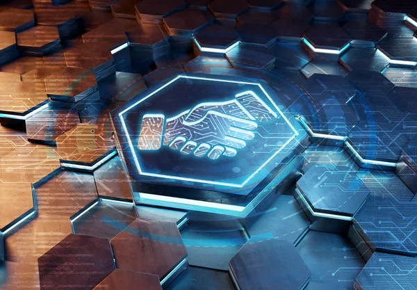 Handshake icon concept engraved on blue and orange metal hexagonal pedestral background. Partnership logo glowing on abstract digital surface. 3d rendering