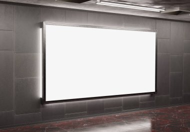 Metro Mockup 'ta büyük panoramik reklam panosu. Tren istasyonunun duvarında asılı reklamlar 3D görüntüleme