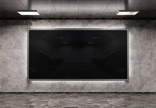 Metro Mockup 'ta büyük panoramik reklam panosu. Tren istasyonunun duvarında asılı reklamlar 3D görüntüleme
