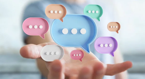 Empresário Usando Digital Colorido Discurso Bolhas Falar Ícones Conversa Mínima — Fotografia de Stock