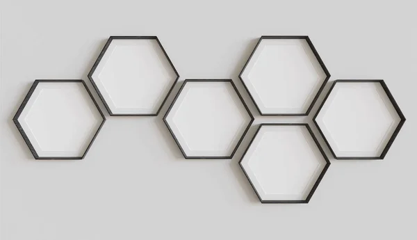 Black hexagon blank photo frames mockup hanging on interior wall. Hexagonal pictures on empty painted surface. 3D rendering