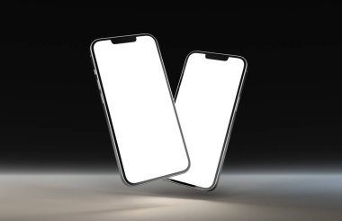 PARIS - Fransa - 28 Nisan 2022: Yeni çıkan Apple Smartphone Iphone 13 profesyonel maksimum gerçekçi 3D görüntüleme - gümüş renkli ön ekran modeli - koyu arkaplanda yüzen iki modern akıllı telefon