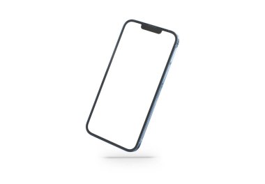 PARIS - France - April 28, 2022: Newly released Apple Smartphone Iphone 13 pro max realistic 3d rendering - Sierra blue color screen mockup - Woman hand holding modern smartphone on white background