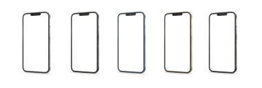 PARIS - Fransa - 28 Nisan 2022: Apple akıllı telefonu, Iphone maksimum 13 pro, Silver, sierra blue, grafit, altın ve yeşil alp rengi gerçekçi 3D renkler, beyaz arka planda ön ekran mobil modelleme