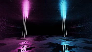 Futuristic blue and pink neon lights interior. Cyber neon laser tubes in garage room hangar. Sci fi dark tunnel warehouse with metal panels wall lighted. Construction showroom corridor 3d Rendering