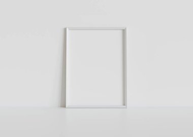 Beyaz dikdörtgen çerçeve, iç modelin beyaz zeminine dayanıyor. 3 boyutlu bir resimde çerçevelenmiş bir resmin şablonu