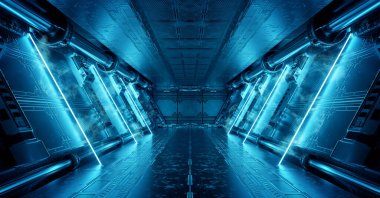 Mavi uzay gemisi iç kısmı, panel duvarlarında neon ışıkları var. Uzay istasyonu arka planında gelecekçi modern koridor. 3d oluşturma