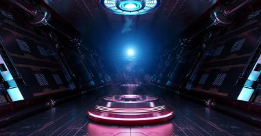 Aydınlatılmış projektörlü mavi ve pembe uzay gemisi. Uzay istasyonunda parlak neon ışıklarıyla dolu fütürist koridor. 3d oluşturma