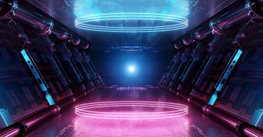 Mavi ve pembe uzay gemisi iç kısımları parlayan, neon ışıklı podyum zemine yansıyor. Uzay istasyonunda daireler çizerek ilerleyen bir koridor. 3d oluşturma