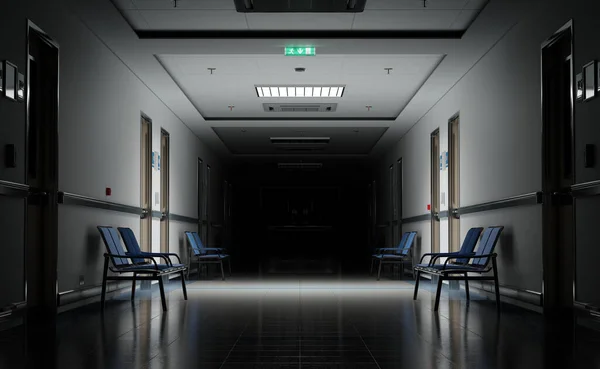 Lång Mörk Sjukhuskorridor Med Rum Och Blå Säten Rendering Töm — Stockfoto