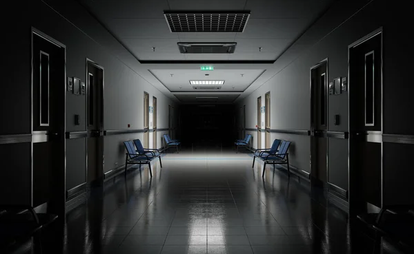 Long Dark Hospital Corridor Rooms Blue Seats Rendering Empty Accident — ストック写真