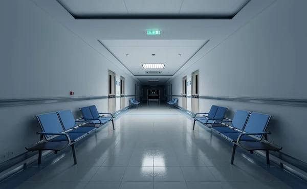 Long Dark Hospital Corridor Rooms Blue Seats Rendering Empty Accident — Stockfoto