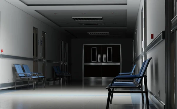 Lange Dunkle Krankenhausflure Mit Räumen Und Blauen Sitzen Rendering Leere — Stockfoto