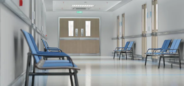 Lång Vit Sjukhuskorridor Med Rum Och Blå Säten Rendering Töm — Stockfoto
