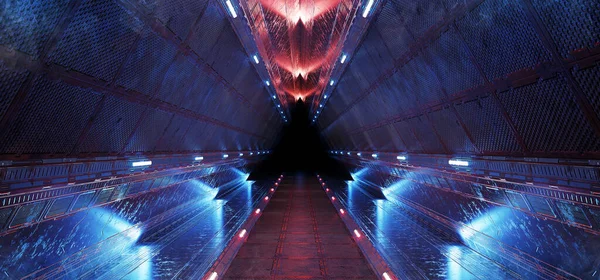 Pyramid style tunnel with lit path way. Cyber room with sci fi laser. 3d rendering. Futuristic interior corridor with blue red neon lights walls. Triangle shaped spaceship background in space station