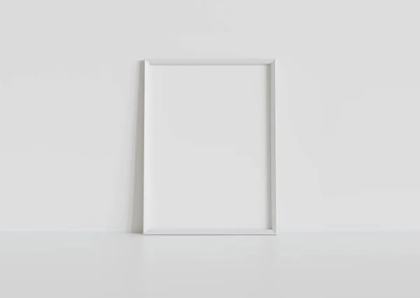 Marco Rectangular Blanco Apoyado Suelo Blanco Maqueta Interior Plantilla Una — Foto de Stock