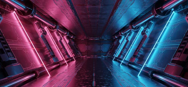 Modrý Růžový Interiér Kosmické Lodi Neonovými Světly Stěnách Panelu Futuristická — Stock fotografie