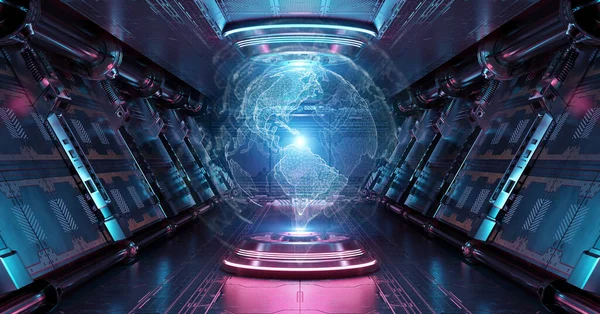 輝くネオン世界地図と青とピンクの宇宙船のインテリア 投影された惑星地球の背景3Dレンダリングを持つ宇宙ステーションの未来的な廊下 — ストック写真