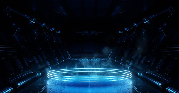 床面に反射するネオンライトが輝くブルーの宇宙船のインテリア 円を背景にした宇宙ステーションの未来的回廊 3Dレンダリング — ストック写真